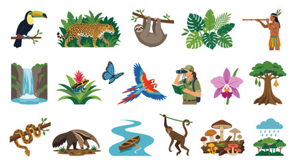 Fototapeta premium Flat Design Vector Set of Amazon Rainforest Wildlife, Flora, Indigenous People, and Nature Icons