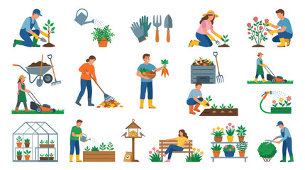 Fototapeta premium Diverse Gardeners Engaged in Various Outdoor Activities, Flat Illustration Style