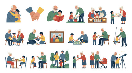 Fototapeta premium Grandparents Grandchildren Flat Vector Illustration Set: Family Bonding, Love, Care Lifestyle Activities