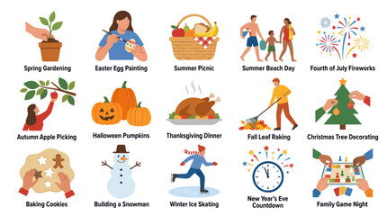 Fototapeta premium Flat Vector Icons of Seasonal Activities and Holidays