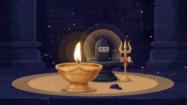 Shiva Lingam with Diya and Trident in Temple Setting Illustration