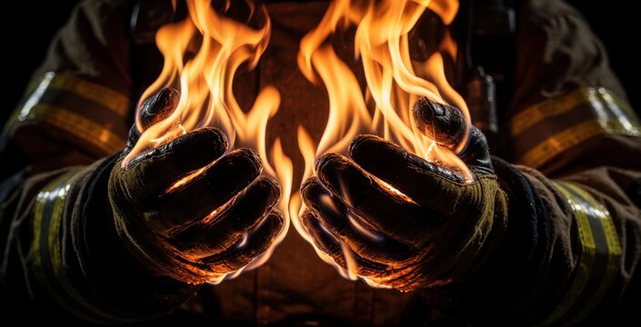 Firefighter wears protective gloves holding bright flames. Person battles inferno, showing heat, danger. Intense fire burns between gloved hands against dark backdrop.