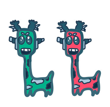 Cute hand-drawn illustration set of funny green and pink giraffe monster characters isolated on a transparent background. 