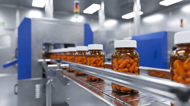 Automated pharmaceutical production line with amber glass bottles filled with orange capsules on stainless steel conveyor belt in sterile high-tech medical laboratory and factory setting