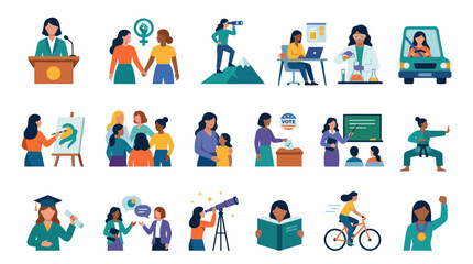 Fototapeta premium Women Empowerment Flat Vector Illustration Set of Diverse Female Roles, Careers, and Lifestyles Icons