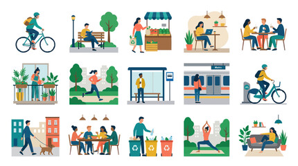 Fototapeta premium Modern Flat Design Illustration of Sustainable Urban Lifestyle. People Engaged in Daily Healthy and Eco-Friendly Activities
