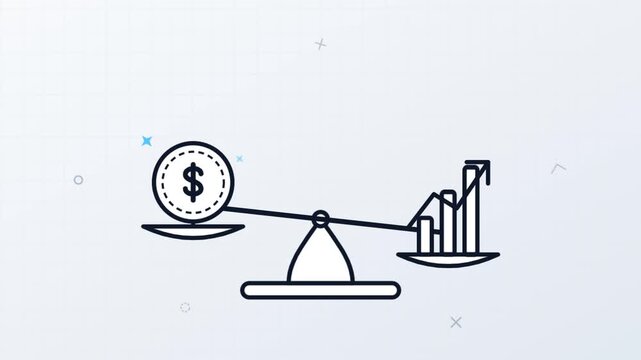 Minimalist motion graphics animation of a balance scale with a dollar coin and a rising bar chart representing investment growth and financial ROI