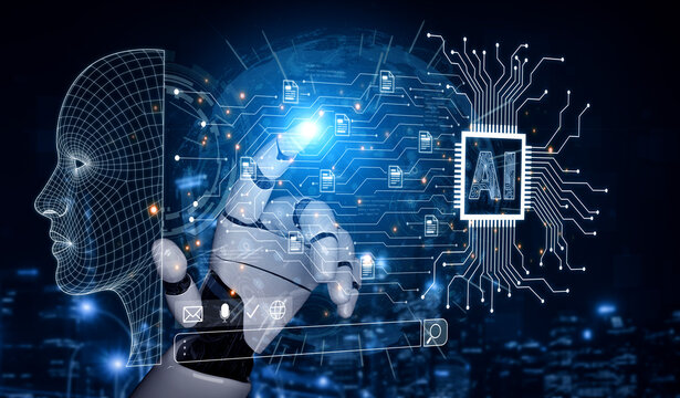 Artificial intelligence interface concept showing human centered interaction, smart search, chat and automated assistance for future workflows and data analytics. Corpus