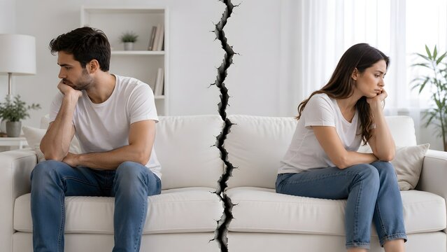 Unhappy Couple Sitting Apart on Sofa with Cracked Wall Between Them Relationship Conflict Marriage Problems Emotional Distance Breakup Divorce Separation and Communication Issues Concept