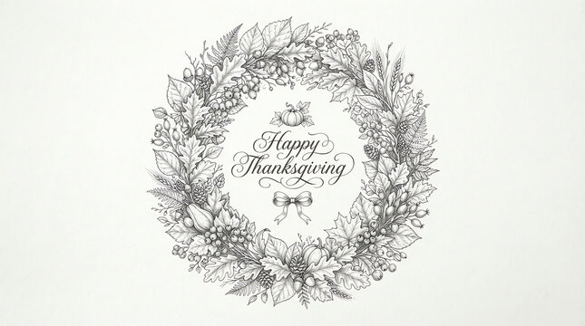 A beautiful grayscale thanksgiving wreath design with the year 1989 inscribed in the center evoking a vintage holiday spirit