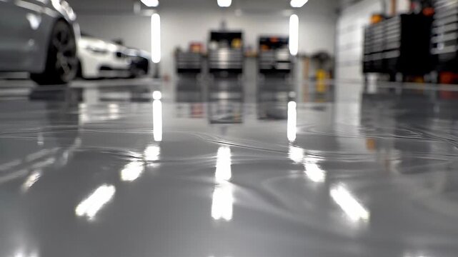 Glossy epoxy floor reflecting lights in a modern automotive workshop with cars and tool cabinets