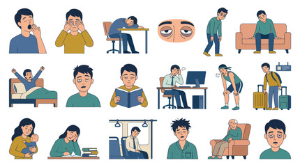 Fototapeta premium Tired People Collection - Flat Style Illustrations of Exhaustion and Sleepiness