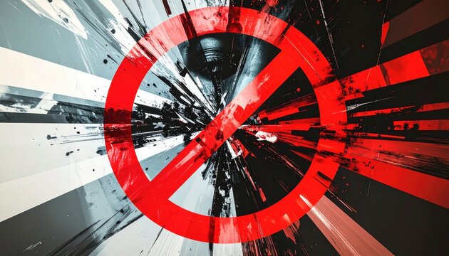 Abstract Red Prohibition Symbol with Shattered Glass Effect Background.