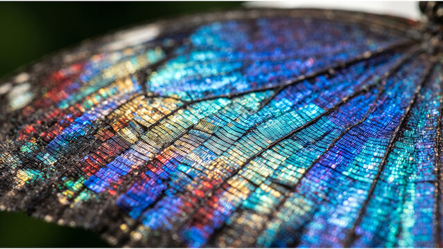 Macro Shot of Morpho Butterfly Wing Detail. Iridescent Blue Textures with Copper and Gold Scales. Extreme Close-Up View of Shimmering Scales and Veins. Nature Background with Shallow Depth of