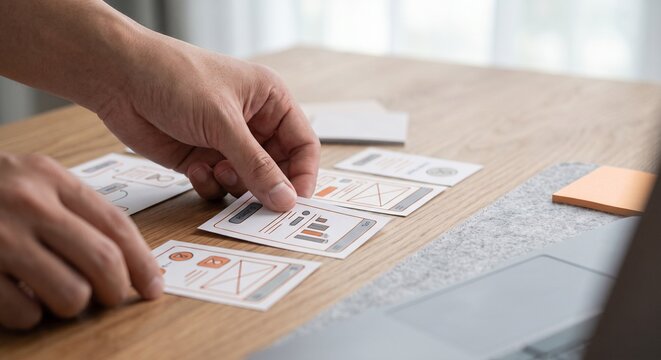 UX designer hands organizing paper wireframe sketches on a wooden desk, mobile app prototyping concept.