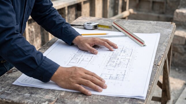 Professional reviewing architectural blueprints with drafting tools on a wooden table