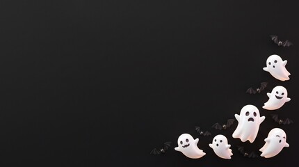 Naklejka premium Halloween ghost and bat border on black background for seasonal holiday invitation design