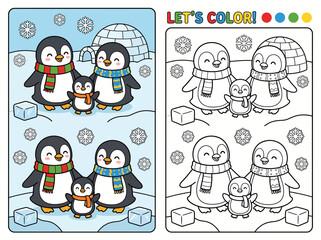 Fototapeta premium Educational coloring page Cute penguin family for kids with winter snow