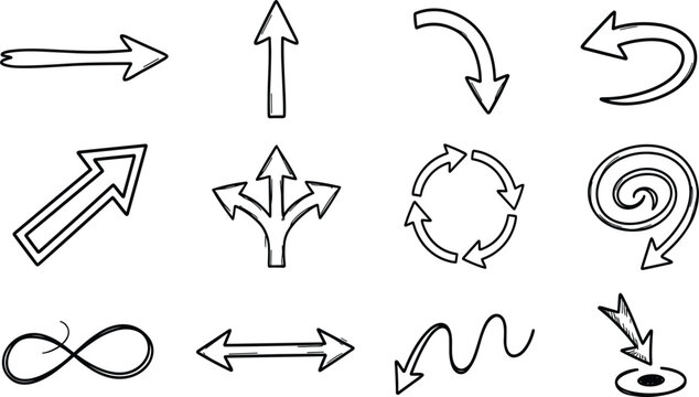 Hand drawn sketchy business arrow and workflow blueprint vector icon set featuring growth trends three way splits infinity loops refresh cycles