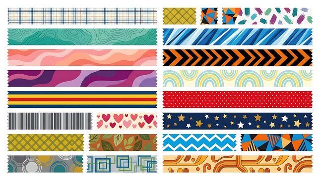 Decorative washi tapes featuring various colorful geometric patterns and artistic designs