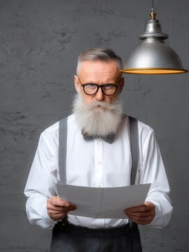 Serious senior cartographer with long white beard holding a blueprint