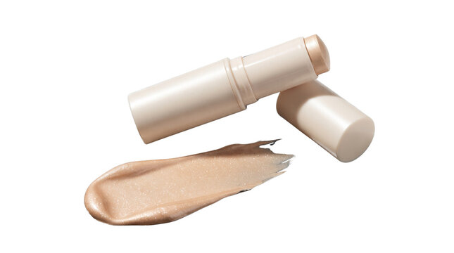 Creamy highlighter stick with shimmering texture smear. Professional makeup stick for face glow. Cosmetic product for beauty advertising. isolated PNG with Transparent Background