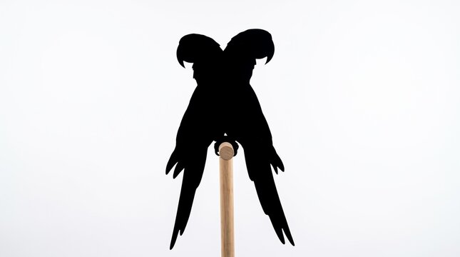 Detailed black silhouette of two parrots perched together on a wooden stick