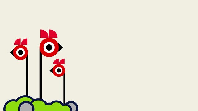 Whimsical cream background illustration featuring three tall red flower shaped eye stalks growing playfully from a soft green grassy mound underneath