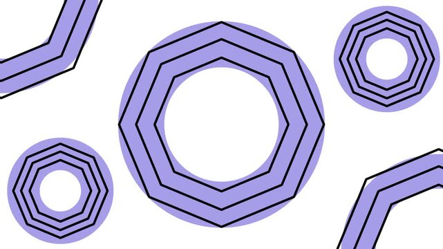 Lavender purple geometric pattern featuring layered hexagon and octagon outline shapes scattered loosely across a clean white background composition