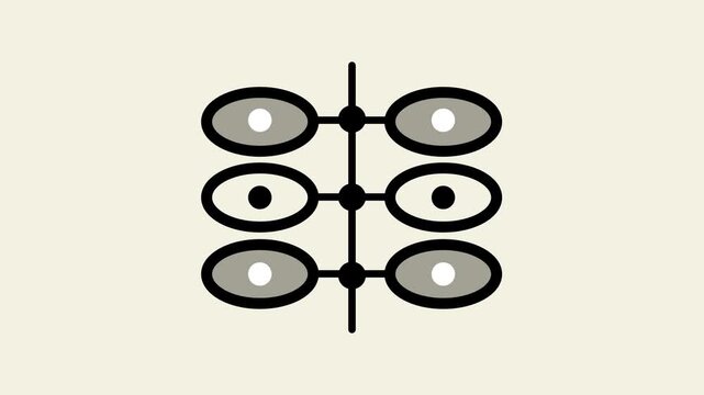 Cream background symmetrical mid century motif featuring gray oval eye shapes connected together by thin black lines in a balanced pattern shown here