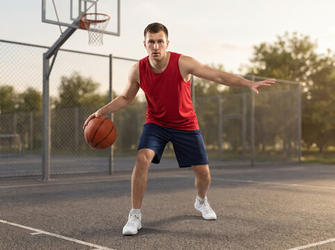 Basketball player dribbling on outdoor court