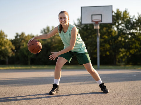Female basketball player dribbling on outdoor court