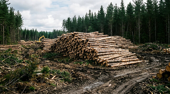 Piles of cut logs in a deforested forest area.