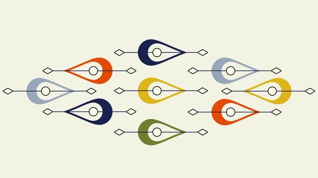 Cream background featuring multiple colorful teardrop shaped pendants connected together in a branching mobile pattern with thin linking lines shown