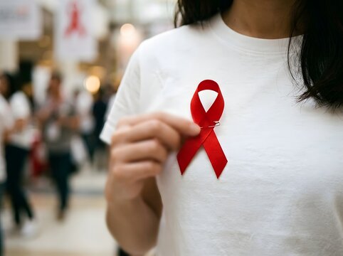 A person wearing a red ribbon symbolizing support and awareness for those affected by hiv and aids in a public space