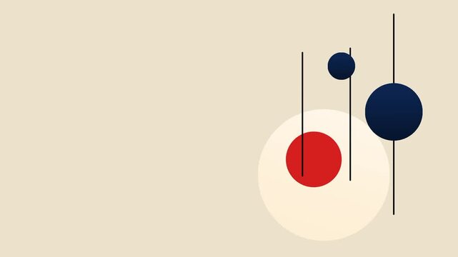 Cream background minimalist mid century mobile featuring circles of varying sizes connected loosely by thin vertical hanging line elements well shown