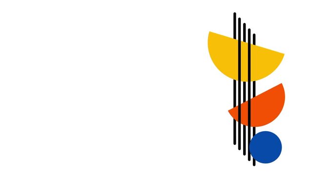 White background colorful mid century mobile featuring yellow orange and blue shapes connected loosely by thin vertical hanging lines shown throughout