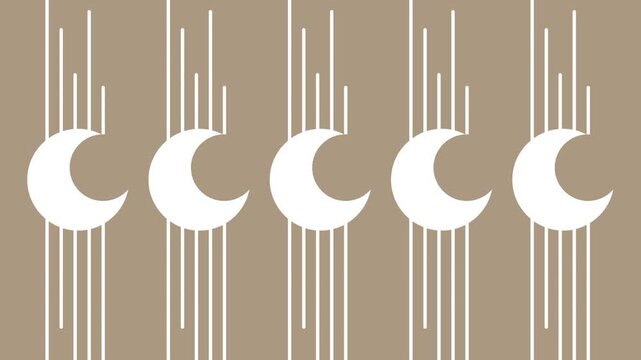 Brown background featuring a horizontal row of white crescent moon shapes paired with scattered clusters of thin vertical hanging lines shown overall