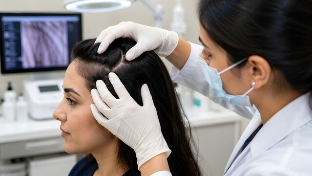 Dermatologist Examining Woman Scalp and Hair in Medical Clinic Professional Hair Loss Diagnosis Trichology Treatment Scalp Health Dermatology Consultation and Healthcare Concept