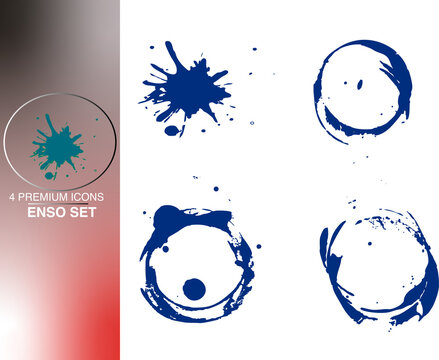 4 Premium Icons Enso Set. Dark blue ink circles and black ink splatters on white. Hand-painted brush strokes for zen, meditation, and yoga logo design collections.