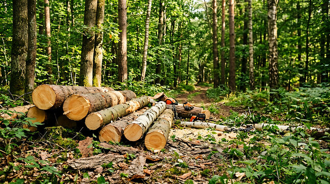 Stacked logs in a dense green forest clearing.