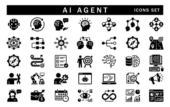 A set of black and white vector icons representing artificial intelligence agents, featuring graphics for bots, workflow automation, brain processes, networking, analytics, and strategy.