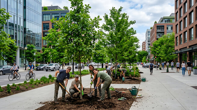 Urban volunteers planting young trees in city park.