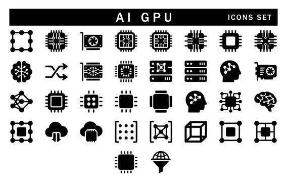 A set of black and white vector icons representing graphics processing units and hardware for artificial intelligence, including microchips, server racks, and cloud computing graphics.