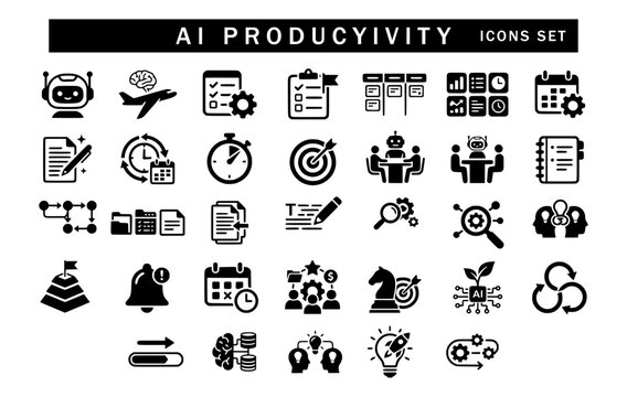 A collection of black and white vector icons for artificial intelligence productivity, showing graphics for task lists, timers, goal targets, brainstorming, schedules, and team collaboration.