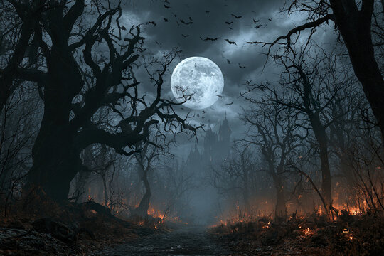 Haunted forest road beneath storm clouds with twisted tree trunks and bats flying under full moonlight