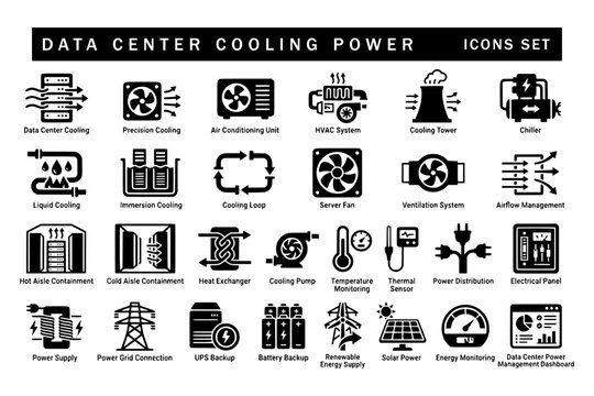 Set of black data center cooling and power glyph icons isolated on white background, including precision cooling, HVAC, liquid cooling, server fans, power distribution, and solar energy.