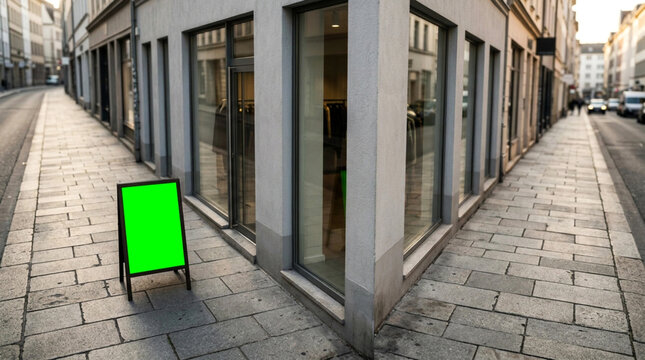 Outdoor Advertising Green Screen A-Frame Sign Black Frame On Sidewalk