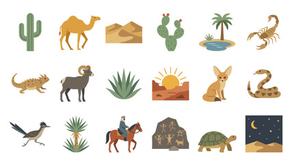 Obraz premium Desert Nature and Wildlife Flat Vector Illustration Set. Icons of Animals, Plants, and Landscapes.