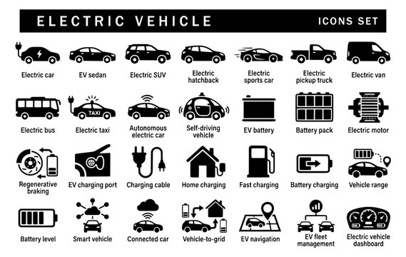 Set of black electric vehicle glyph icons on a white background, featuring EV sedans, SUVs, trucks, buses, charging ports, regenerative braking, connected cars, and fleet management.